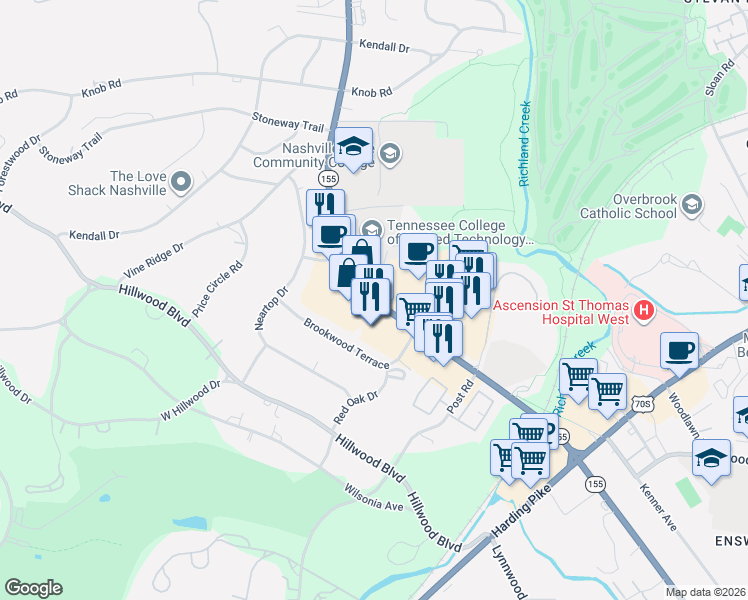 map of restaurants, bars, coffee shops, grocery stores, and more near 113 White Bridge Road in Nashville