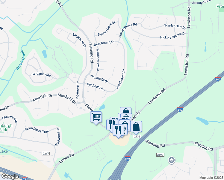 map of restaurants, bars, coffee shops, grocery stores, and more near 5306 Cardinal Way in Greensboro