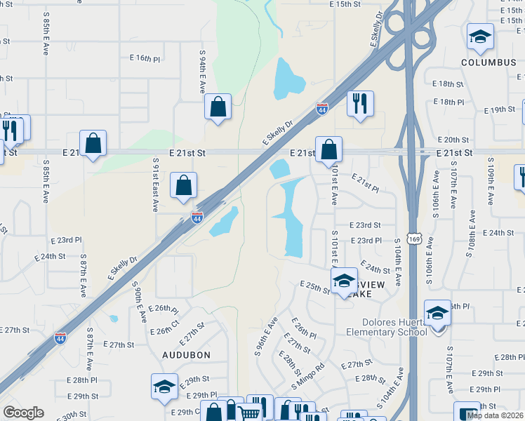 map of restaurants, bars, coffee shops, grocery stores, and more near 2246 South 96th East Avenue in Tulsa