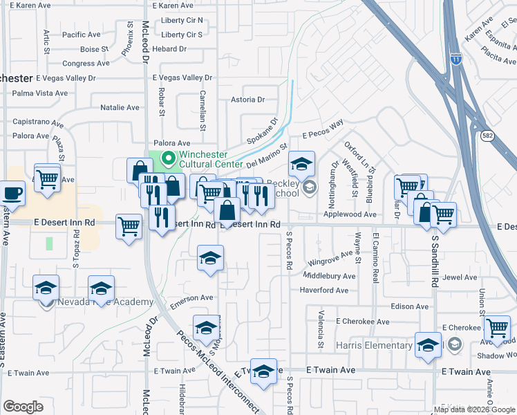 map of restaurants, bars, coffee shops, grocery stores, and more near 3225 South Pecos Road in Las Vegas