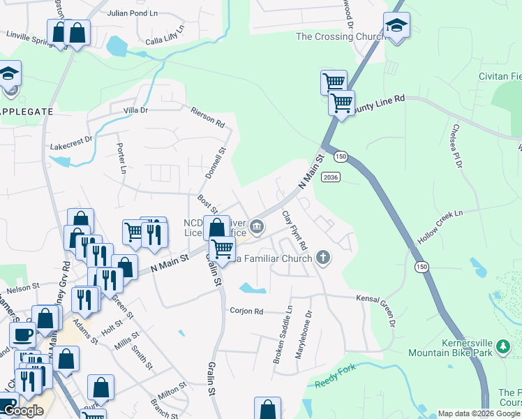 map of restaurants, bars, coffee shops, grocery stores, and more near 101 Humberside Drive in Kernersville