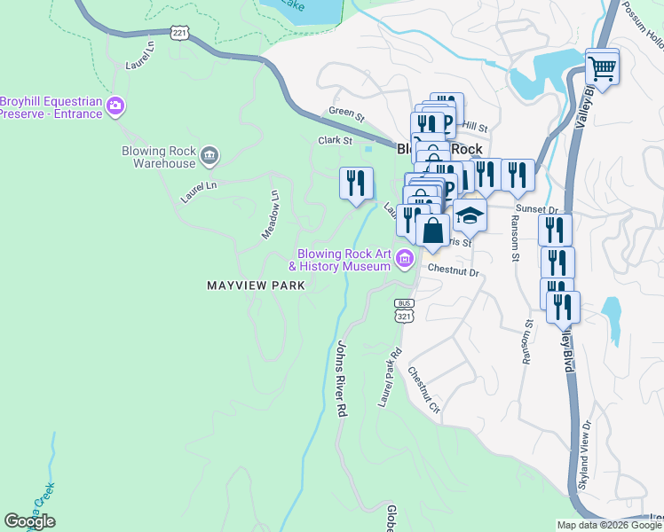 map of restaurants, bars, coffee shops, grocery stores, and more near 180 Laurel Drive in Boone