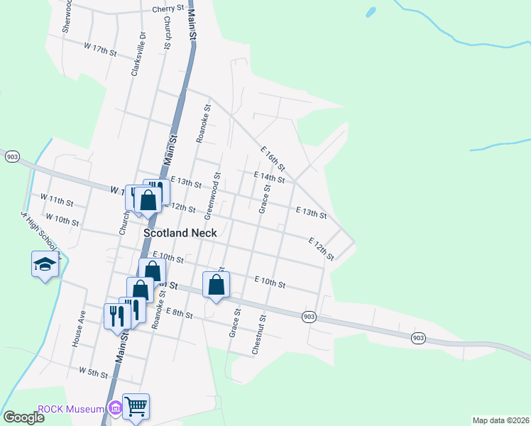 map of restaurants, bars, coffee shops, grocery stores, and more near 1209 Grace Street in Scotland Neck