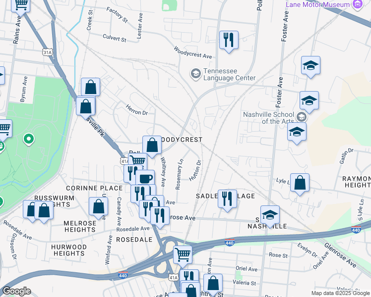 map of restaurants, bars, coffee shops, grocery stores, and more near 2005 Hutton Dr in Nashville