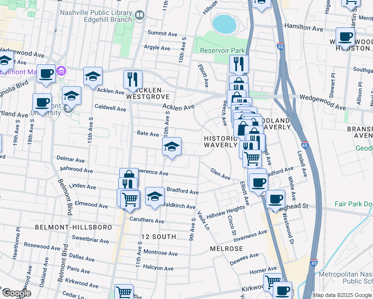 map of restaurants, bars, coffee shops, grocery stores, and more near 928 South Douglas Avenue in Nashville