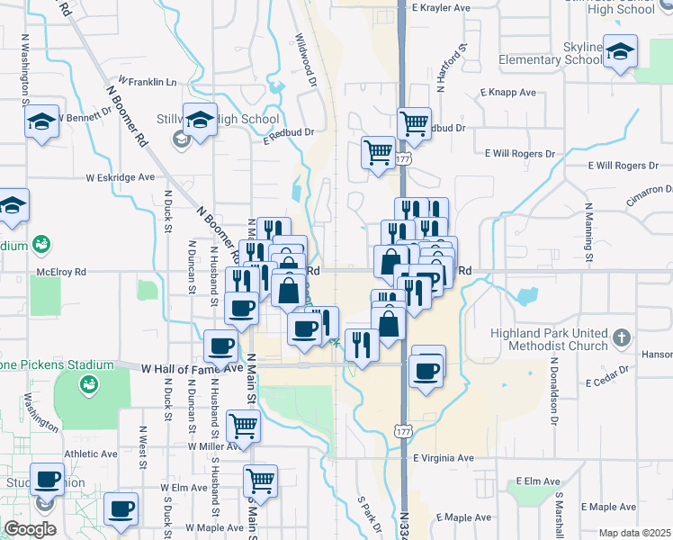 map of restaurants, bars, coffee shops, grocery stores, and more near 373 East McElroy Road in Stillwater