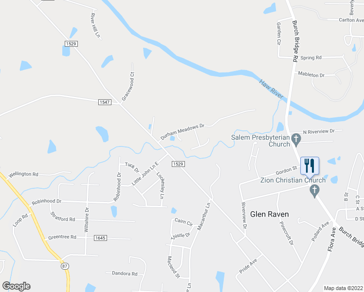 map of restaurants, bars, coffee shops, grocery stores, and more near 2600 Durham Meadows Court in Burlington