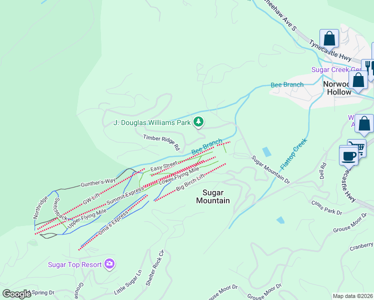 map of restaurants, bars, coffee shops, grocery stores, and more near 120 The Branches Lane in Sugar Mountain