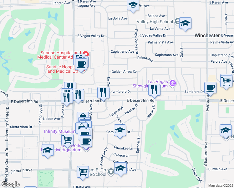 map of restaurants, bars, coffee shops, grocery stores, and more near 1573 Sombrero Drive in Las Vegas