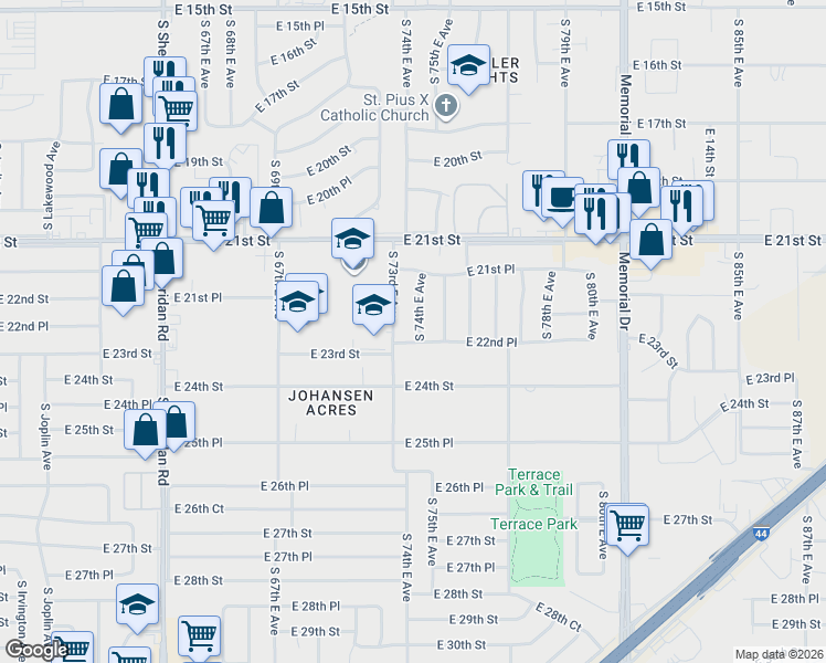 map of restaurants, bars, coffee shops, grocery stores, and more near 2188 South 74th East Avenue in Tulsa
