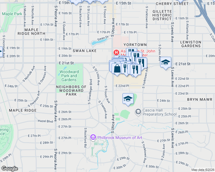 map of restaurants, bars, coffee shops, grocery stores, and more near 2255 South Troost Avenue in Tulsa