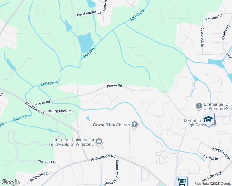 map of restaurants, bars, coffee shops, grocery stores, and more near 3613 Wickersham Lane in Winston-Salem