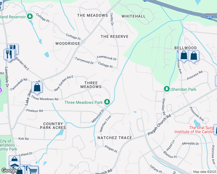 map of restaurants, bars, coffee shops, grocery stores, and more near 520 Miltwood Drive in Greensboro