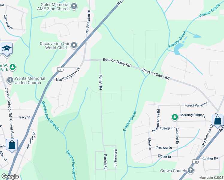 map of restaurants, bars, coffee shops, grocery stores, and more near 3619 San Carlos Road in Winston-Salem