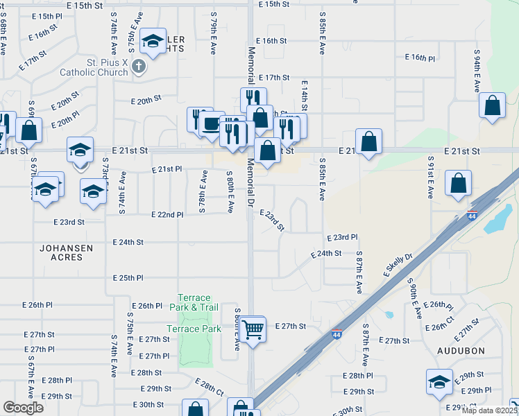 map of restaurants, bars, coffee shops, grocery stores, and more near 8113 East 23rd Street in Tulsa