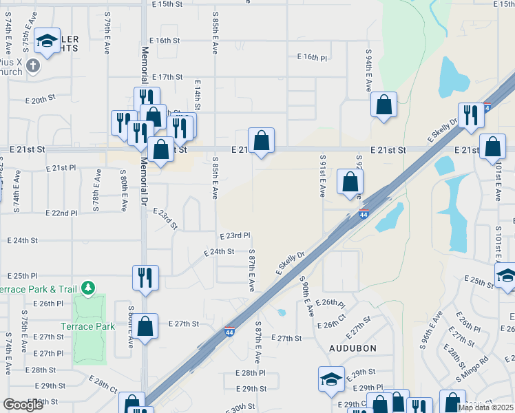 map of restaurants, bars, coffee shops, grocery stores, and more near in Tulsa