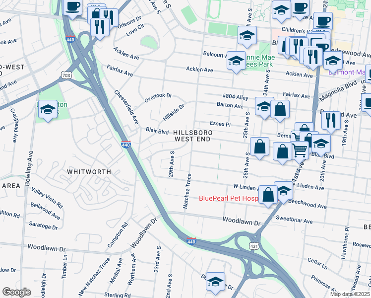 map of restaurants, bars, coffee shops, grocery stores, and more near 2803 Westmoreland Drive in Nashville