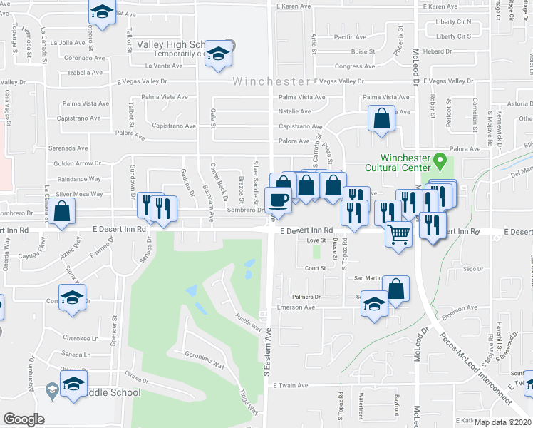 map of restaurants, bars, coffee shops, grocery stores, and more near 3255 South Eastern Avenue in Las Vegas