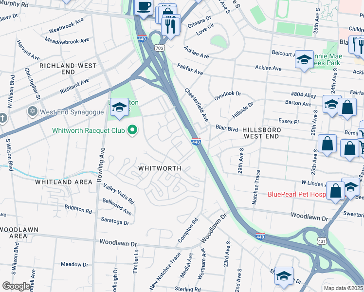 map of restaurants, bars, coffee shops, grocery stores, and more near 444 Elmington Avenue in Nashville