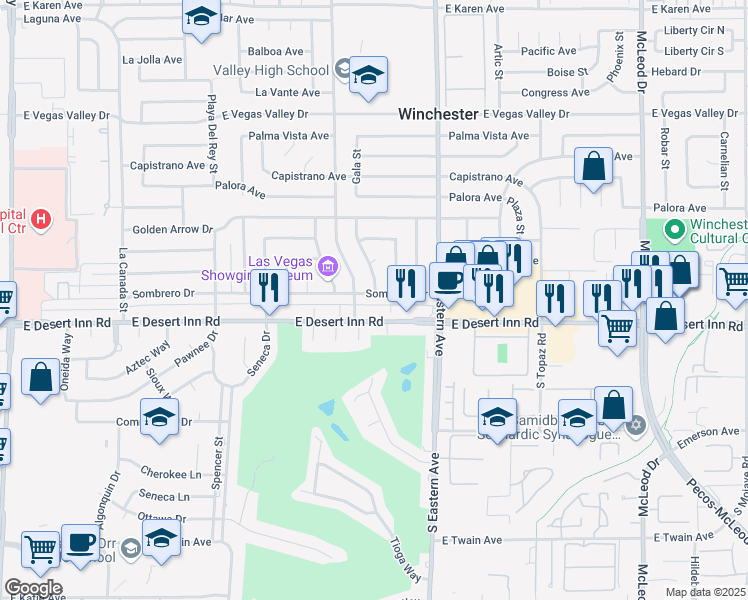 map of restaurants, bars, coffee shops, grocery stores, and more near 2205 Sombrero Drive in Las Vegas