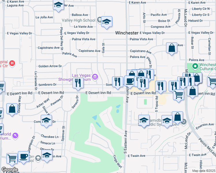 map of restaurants, bars, coffee shops, grocery stores, and more near 2205 Sombrero Drive in Las Vegas