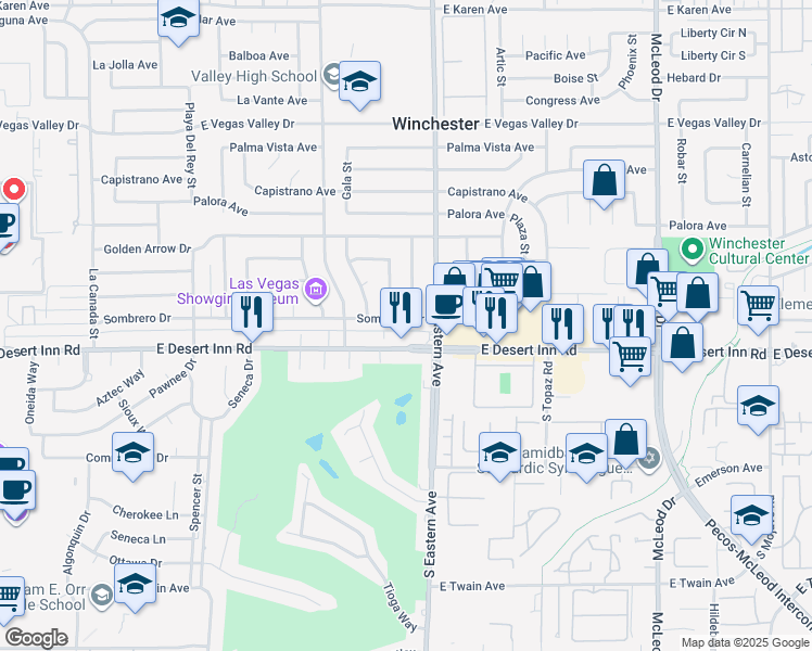 map of restaurants, bars, coffee shops, grocery stores, and more near 2325 Sombrero Drive in Las Vegas