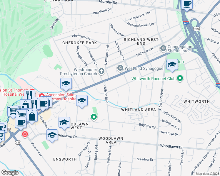 map of restaurants, bars, coffee shops, grocery stores, and more near 3826 Whitland Avenue in Nashville