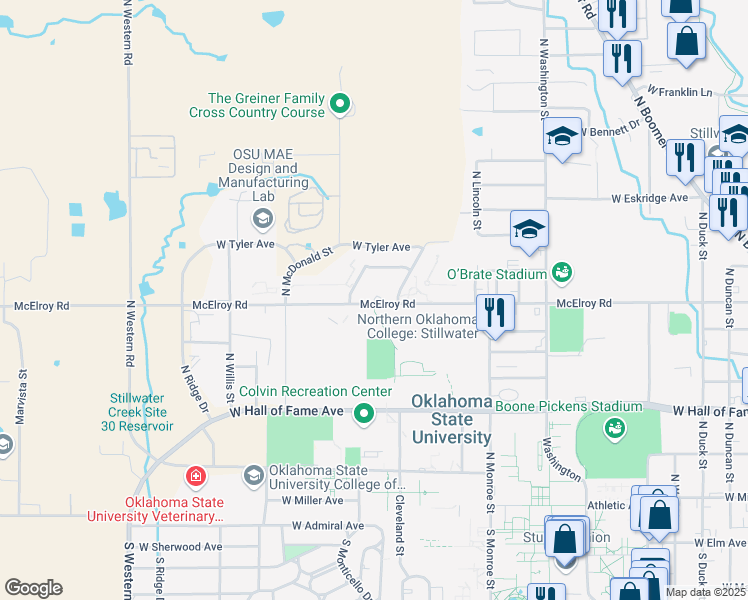 map of restaurants, bars, coffee shops, grocery stores, and more near North University Place in Stillwater