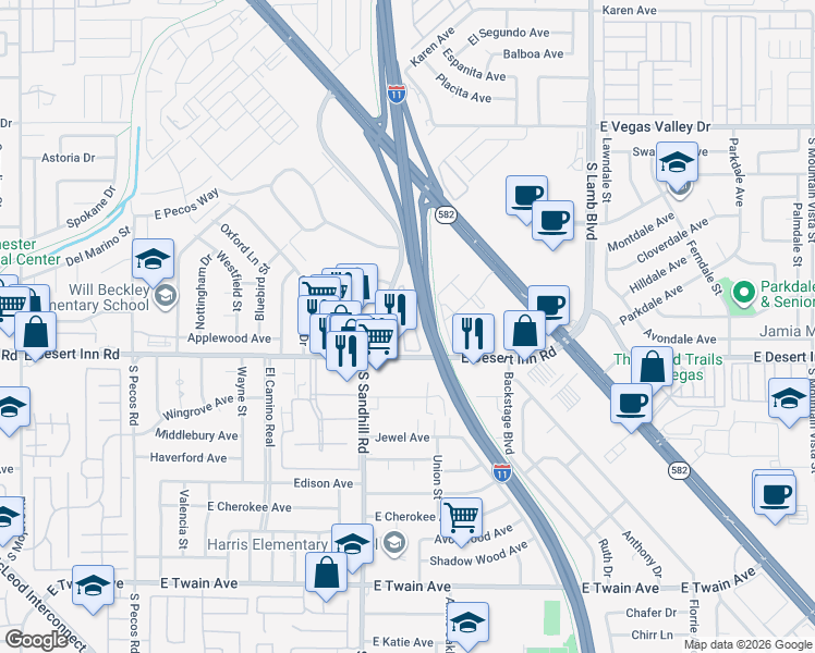 map of restaurants, bars, coffee shops, grocery stores, and more near 3210 South Sandhill Road in Las Vegas
