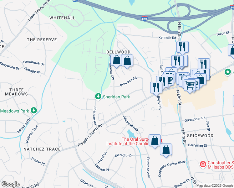 map of restaurants, bars, coffee shops, grocery stores, and more near 4006 Primrose Avenue in Greensboro