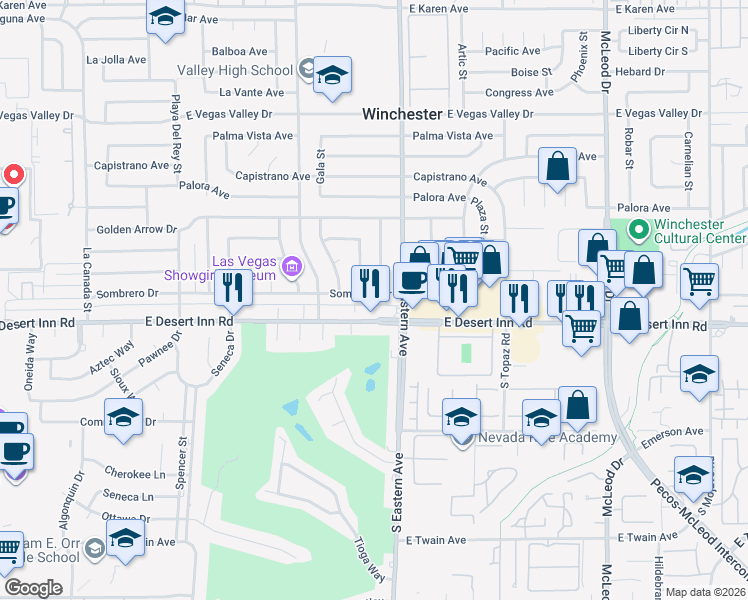 map of restaurants, bars, coffee shops, grocery stores, and more near 2265 Sombrero Drive in Las Vegas