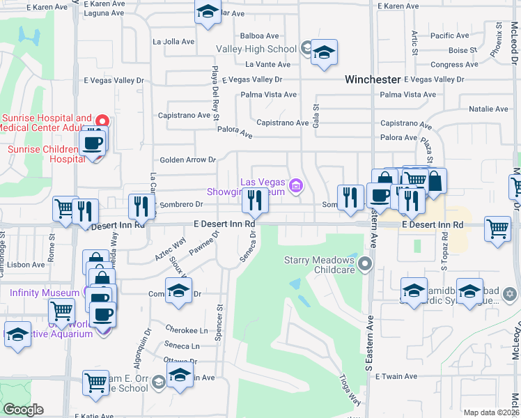map of restaurants, bars, coffee shops, grocery stores, and more near 1955 Sombrero Drive in Las Vegas