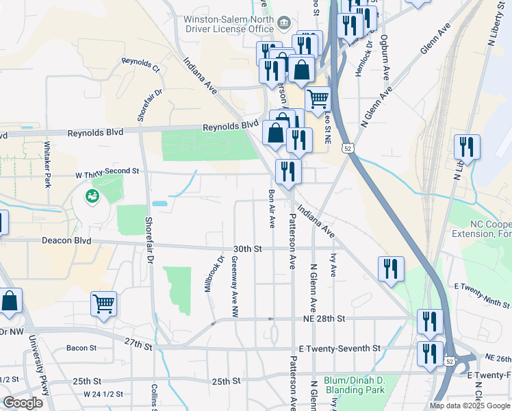 map of restaurants, bars, coffee shops, grocery stores, and more near 3061 Gilmer Avenue Northeast in Winston-Salem