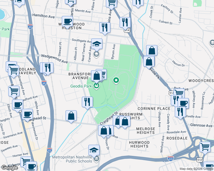 map of restaurants, bars, coffee shops, grocery stores, and more near 300 Rains Avenue in Nashville