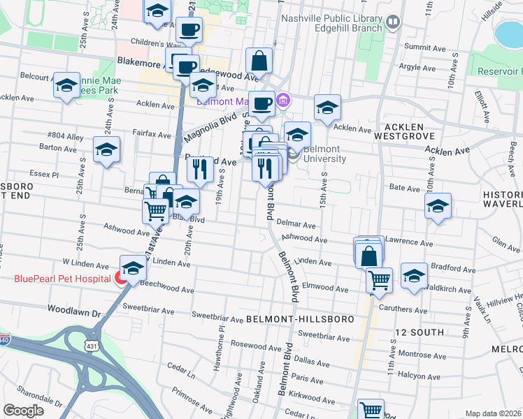 map of restaurants, bars, coffee shops, grocery stores, and more near 2101 Belmont Boulevard in Nashville