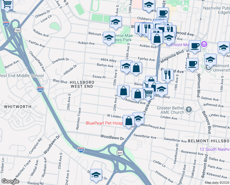map of restaurants, bars, coffee shops, grocery stores, and more near 2233 Blair Boulevard in Nashville