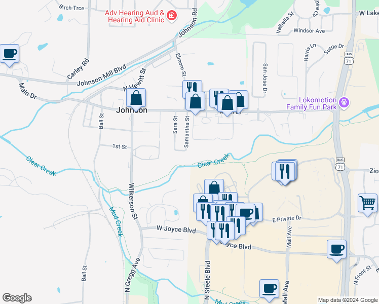 map of restaurants, bars, coffee shops, grocery stores, and more near 2300 Sam Street in Fayetteville