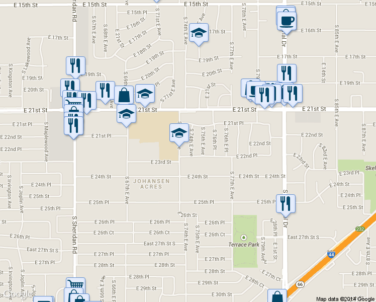 map of restaurants, bars, coffee shops, grocery stores, and more near 2188 South 74th East Avenue in Tulsa