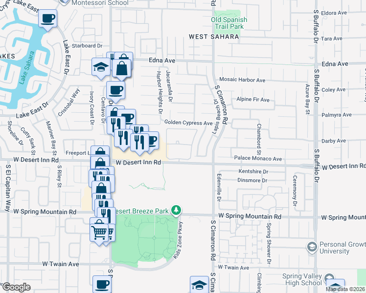 map of restaurants, bars, coffee shops, grocery stores, and more near 8350 West Desert Inn Road in Las Vegas
