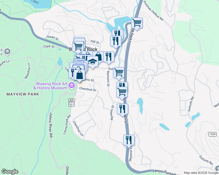 map of restaurants, bars, coffee shops, grocery stores, and more near 387 Ransom St in Blowing Rock