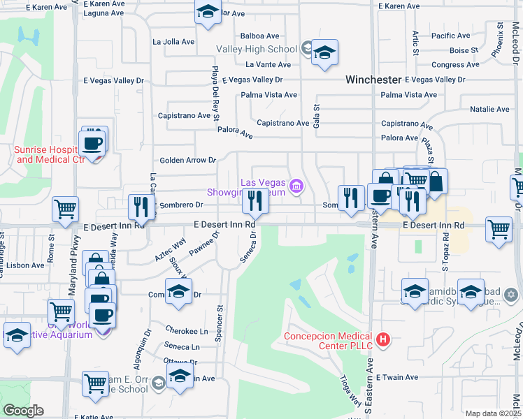 map of restaurants, bars, coffee shops, grocery stores, and more near 1955 Sombrero Drive in Las Vegas