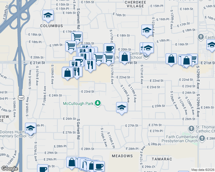 map of restaurants, bars, coffee shops, grocery stores, and more near 2209 South 116th East Avenue in Tulsa