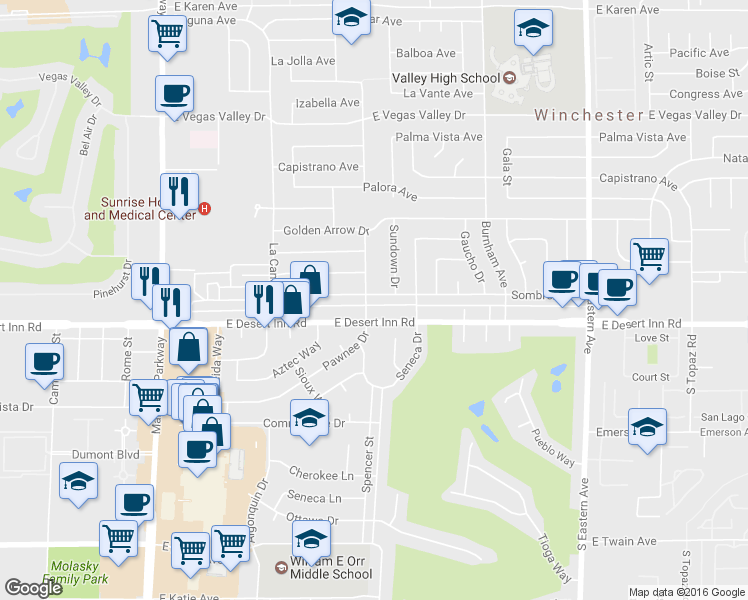 map of restaurants, bars, coffee shops, grocery stores, and more near 3258 Pawnee Dr in Las Vegas