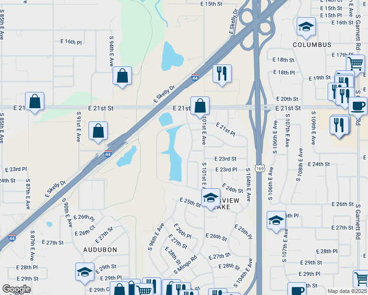 map of restaurants, bars, coffee shops, grocery stores, and more near 2210 South 99th East Avenue in Tulsa
