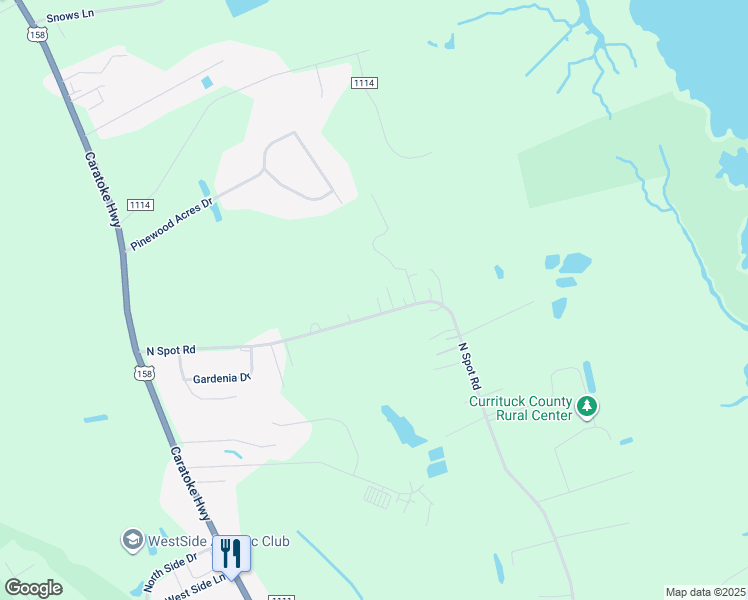 map of restaurants, bars, coffee shops, grocery stores, and more near 225 North Spot Road in Powells Point