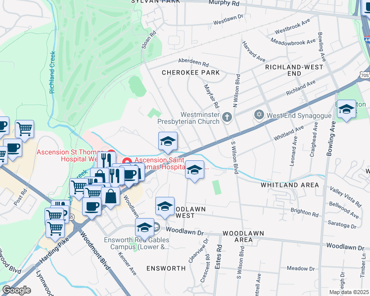 map of restaurants, bars, coffee shops, grocery stores, and more near 101 Cherokee Road in Nashville