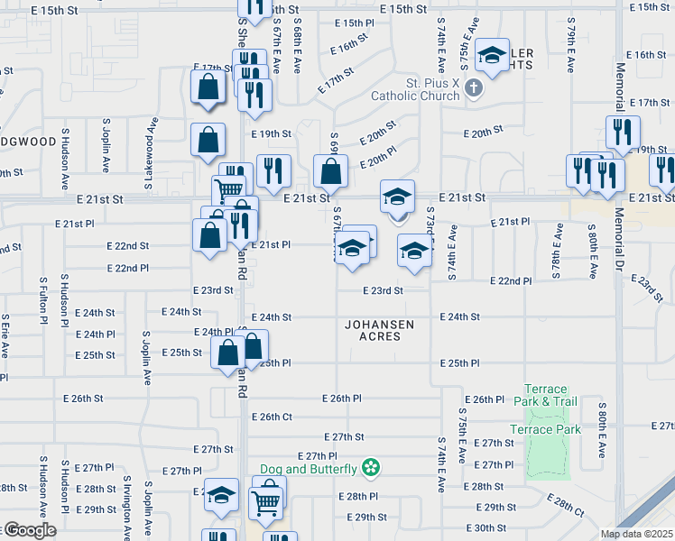 map of restaurants, bars, coffee shops, grocery stores, and more near 2274 South 67th East Avenue in Tulsa