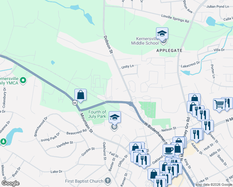 map of restaurants, bars, coffee shops, grocery stores, and more near 434 West Bodenhamer Street in Kernersville