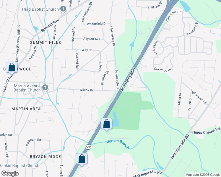 map of restaurants, bars, coffee shops, grocery stores, and more near 2305 Wilcox Drive in Greensboro