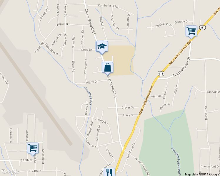 map of restaurants, bars, coffee shops, grocery stores, and more near 3424 Carver School Road in Winston-Salem